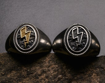 Gold Thunder Signet Ring, Bold Statement Ring for Men, 18k Gold and Sterling Silver Lightning Ring, Norse Jewelry, Viking Inspired Jewelry