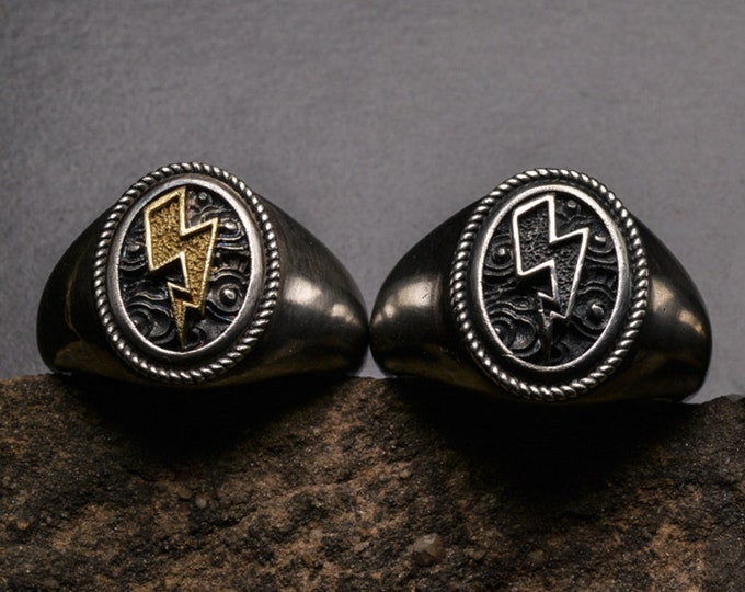 Gold Thunder Signet Ring, Bold Statement Ring for Men, 18k Gold and Sterling Silver Lightning Ring, Norse Jewelry, Viking Inspired Jewelry