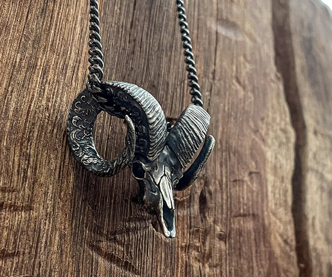 Silver Ram Head Pendant Ram Skull Pendant Aries Men Silver Horn Pendant