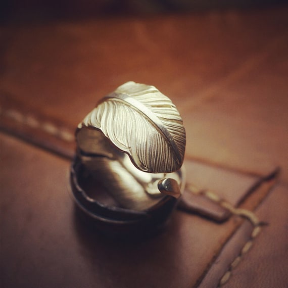 Sterling Silver Eagle Feather Ring Adjustable, Boho Rustic Wrap 