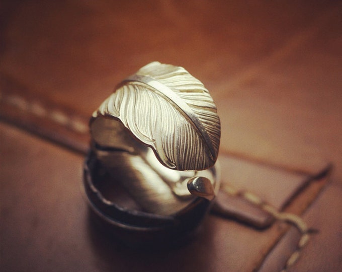 Sterling Silver Eagle Feather Ring | Adjustable Boho Nature-Inspired Jewelry | Thick Quill Engraving Ring Rustic Wrap Ring for Men and Women