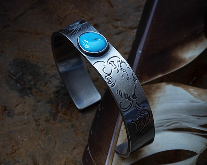Handmade Sterling Silver Eagle Bangle Cuff with Turquoise Gemstone Bracelet, Hand-Engraved Adjustable Bracelet, Artisan Jewelry for Men