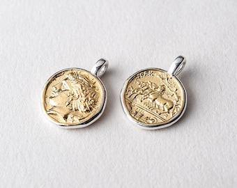 Sterling Silver & Gold Ancient Greek Coin Pendant | Replica Greek Jewelry | Mythological Charm Necklace |Vintage Style History Gifts For Her