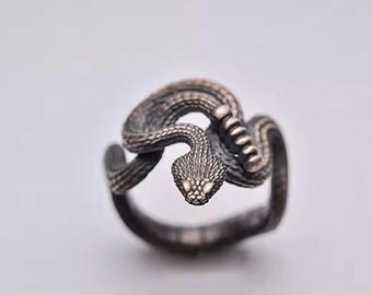 Sterling Silver Rattlesnake Ring – Handmade Gothic Serpent Jewelry, Coiled Viper Statement Band Rings
