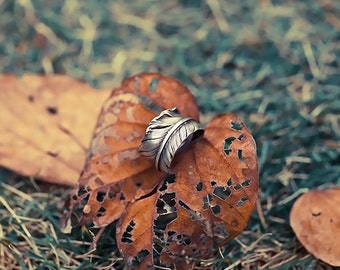 Limited Steal Deals, Sterling Silver Feather Ring, Boho Adjustable Wide Band for Men, Nature-Inspired Jewelry, Unique Spiritual Gift for Him