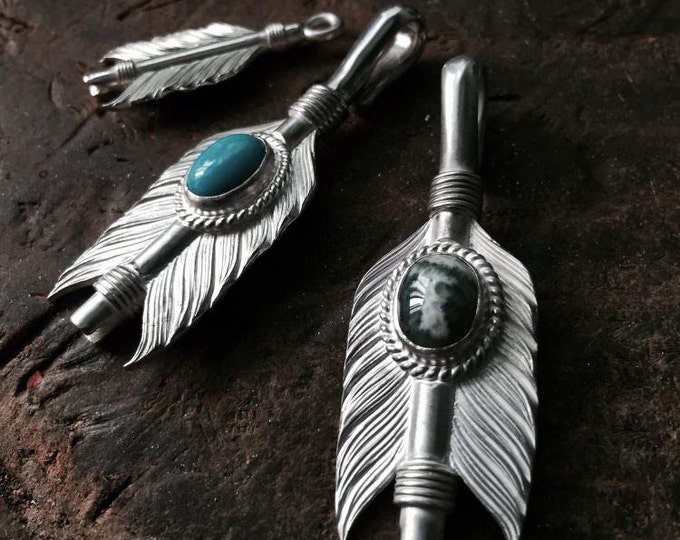 Native American Silver Arrow Feather Pendant - Handmade Turquoise and Onyx Sterling Silver Boho Jewelry, Tribal Necklace for Men and Women