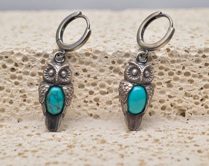 Turquoise Owl Earrings | Sterling Silver Owl Drop Earrings | Boho Animal Jewelry | Unique Gift for Women | Handcrafted Gemstone Earrings