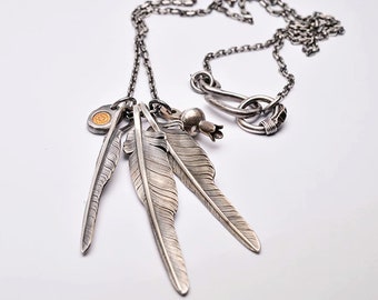 Sterling Silver Feather Necklace Set with Pomegranate and Eagle Head Hook Clasp | Feather Charm Jewelry | Artisan Handmade Statement Piece