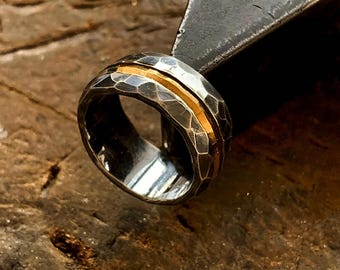 Handmade Hammered Sterling Silver Ring – 24k Gold Inlay Wedding Band for Men