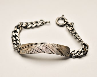 925 Sterling Silver Feather Bracelet for Men | Handmade Curb Chain Bracelet | Feather Chain Bracelet | Engraved Feather Design Jewelry Gift