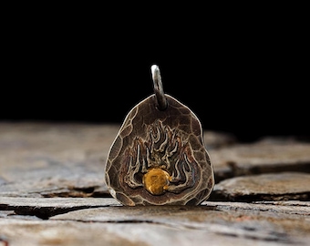 24k Gold Sun Pendant, Sterling Silver Flame Necklace Pendant, Handmade Fire Jewelry, Sunburst Pendant for Men and Women, Fire flame Charm