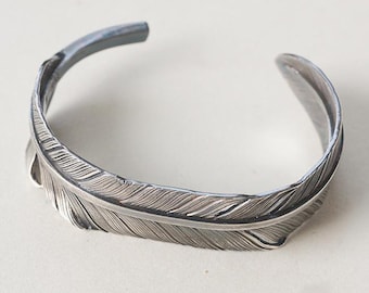 Sterling Silver Feather Cuff Bracelet, Feather Bangle, Handmade Boho Jewelry, Adjustable Nature-Inspired Cuff, Feather Jewelry, Gift for Him