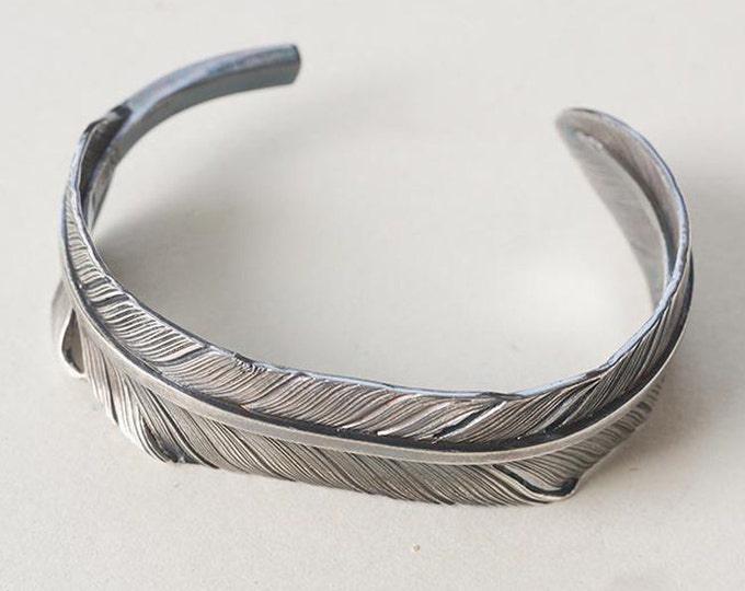 Sterling Silver Feather Cuff Bracelet, Feather Bangle, Handmade Boho Jewelry, Adjustable Nature-Inspired Cuff, Feather Jewelry, Gift for Him