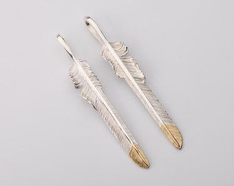 Sterling Silver Feather Pendant with Gold-Tipped Design - Native American-Inspired Feather Jewelry, Elegant Boho Necklace for Men and Women