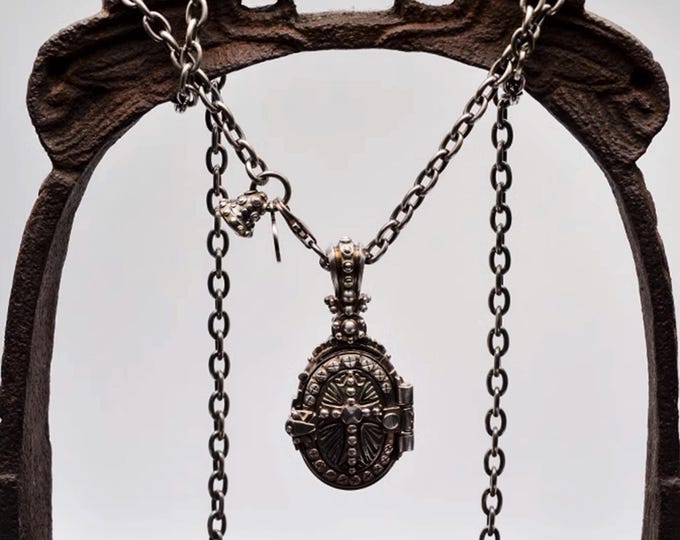 Handcrafted Sterling Silver Locket Pendant Necklace, Intricate Floral Design, Cross Locket Victorian Vintage Style Chain, Keepsake Jewelry