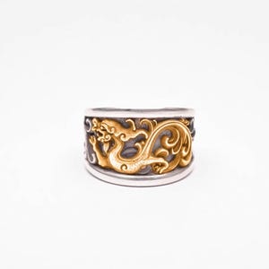 Handmade Dragon Ring, Sterling Silver and 18k Gold Dragon Rings, Mens Wide Band, Intricate Dragon Design Viking Ring, Artisan Dragon Jewelry