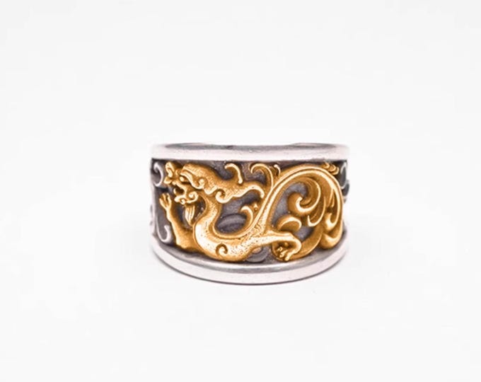 Handmade Dragon Ring, Sterling Silver and 18k Gold Dragon Rings, Mens Wide Band, Intricate Dragon Design Viking Ring, Artisan Dragon Jewelry