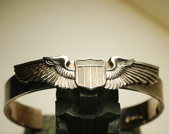 Aviator Wings Cuff Bracelet, Silver Mens Pilot Jewelry, Handmade Aviation Gift, Vintage Style Wing Bracelet, USAF Jewelry, Air Force Bangle