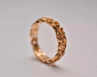 Handmade 18k Solid Gold Floral Ring – Engraved Wedding Band, Nature Leaf Jewelry for Women