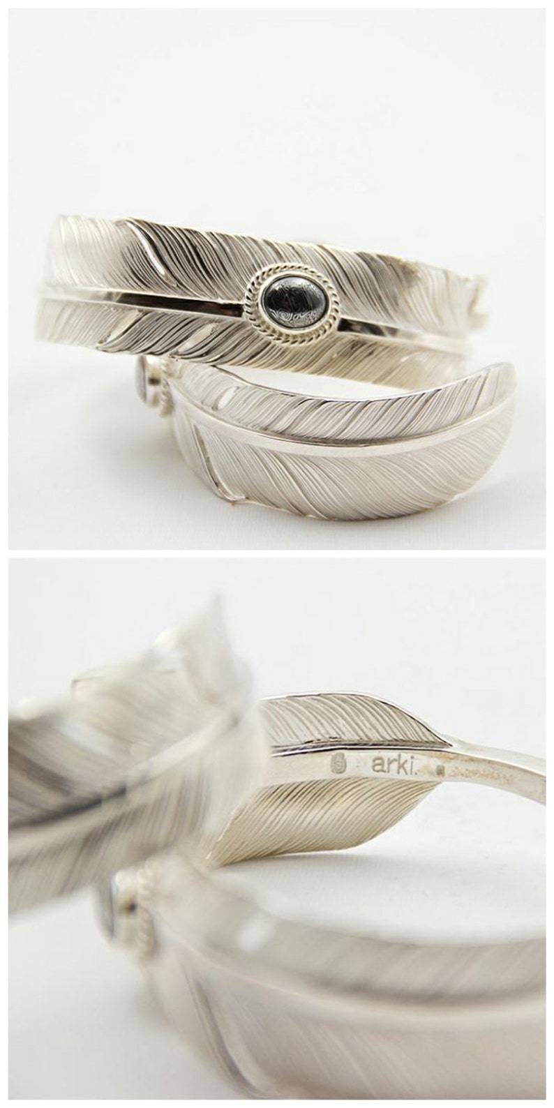 sterling silver feather cuff bracelet men, tribal jewelry for men, Damascus steel bracelet, unique gifts for him, Native Americans jewelry image 4