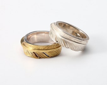 18K Gold and Silver Feather Couple Ring - Sterling Silver His and Hers Feather Bands, Boho Promise Rings for Couples, Engraved Silver Band