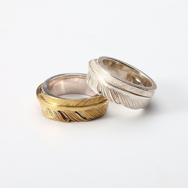 Sterling Silver Feather Couple Ring Set – 18k Gold Tone Bands, Handmade Boho Promise Rings