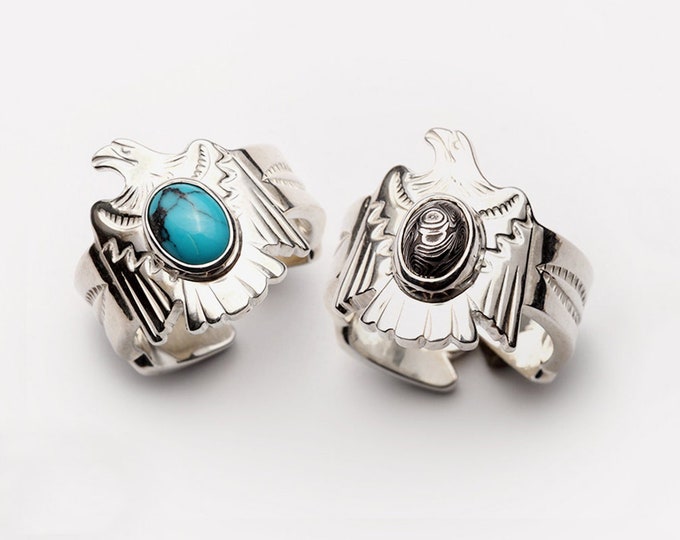 Silver Eagle Ring |Turquoise Thunderbird Ring with Damascus Steel |Sterling Silver Tribal Bird Ring |Native American Inspired Ring Statement
