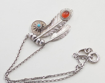 Silver Feather Necklace with Red Onyx and Turquoise Accents | Chain Boho Necklace for Women | Layered Feather Jewelry Gift | Ethnic Necklace