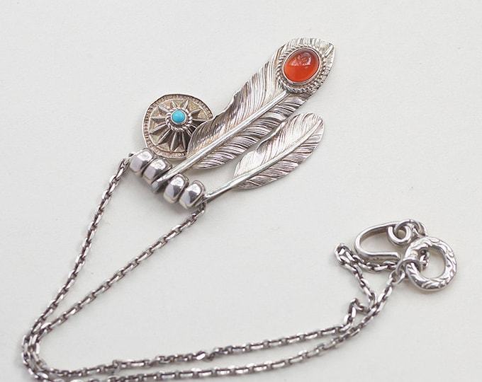 Silver Feather Necklace with Red Onyx and Turquoise Accents | Chain Boho Necklace for Women | Layered Feather Jewelry Gift | Ethnic Necklace