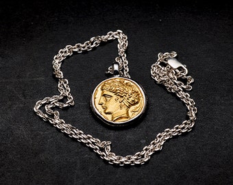 Sterling Silver Greek Coin Necklace with 24K Gold Plated Handmade Vintage Historical Pendant Chain