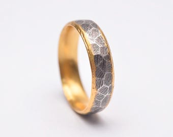 Hammered Silver Gold Ring Handmade Rustic Wedding Band Textured Two Tone Mens 24K Jewelry