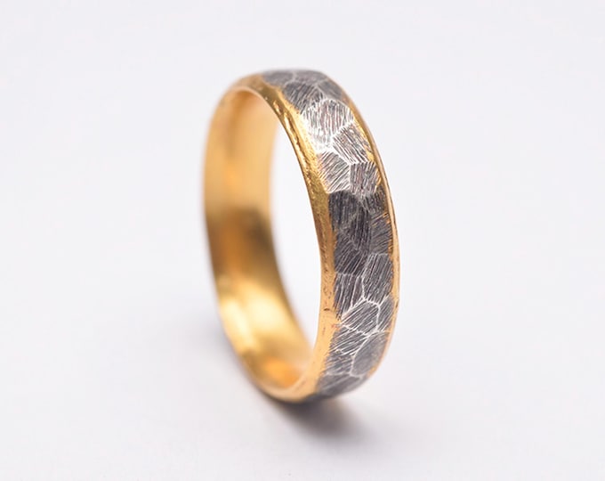 Hammered Gold and Silver Men's Band Ring, Rustic Handmade Textured Ring, Sterling Silver AU999 24K Gold Mens Ring, Gold Wedding Band for Him
