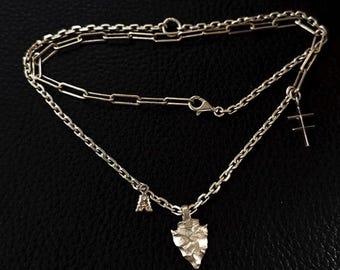 Sterling Silver Layered Necklace – Arrowhead Pendant with Mixed Chain Links, Adjustable Punk Jewelry