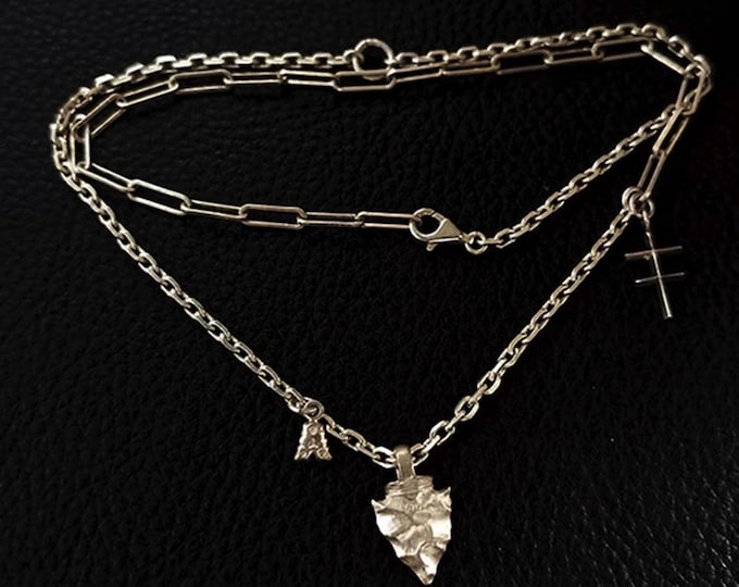 Sterling Silver Layered Necklace with Arrowhead Pendant, Punk Elements Mixed Chain Link, Textured Chain for Men, Adjustable Chain Necklace