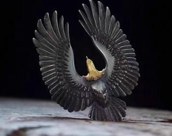 Sterling Silver Eagle Pendant with 18K Gold Accent Eagle Head, Handmade Hawk Pendant for Men and Women, Flying Eagle Symbolic Jewelry
