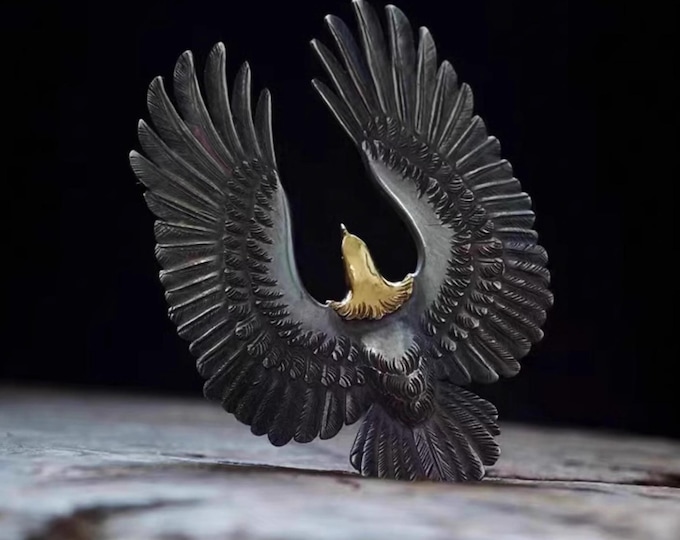 Sterling Silver Eagle Pendant with 18K Gold Accent Eagle Head, Handmade Hawk Pendant for Men and Women, Flying Eagle Symbolic Jewelry