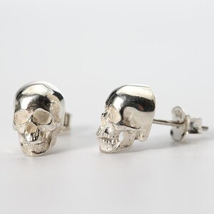 Pu&ograve; includere: Un paio di orecchini a bottone a forma di teschio in argento. Gli orecchini sono realizzati in metallo lucido e presentano un design di teschio dettagliato.