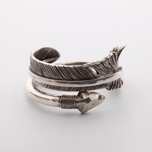 silver arrow ring sterling silver feather ring, Native America Indian jewelry, boho rings for women, unisex jewelry, red tailed hawk totem image 1