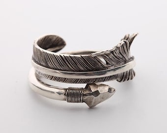 Sterling Silver Arrow and Feather Ring | Arrowhead Rings | Adjustable Boho Wrap Ring for Men and Women | Nature-Inspired Statement Jewelry
