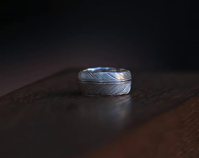 925 Sterling Silver Feather Band Ring | Nature-Inspired Stacking Ring Tribal Style | Boho Tribal Jewelry | Wide Band for Men and Women
