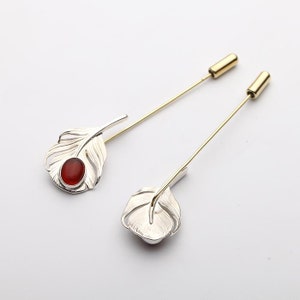 Silberne Feder Anstecknadel mit Edelstein, Handgemachte Blatt Brosche, Elegante Anstecknadel für Männer und Frauen, Roter Onyx Anstecknadel, Silber Feder Brosche, Anzug Pin