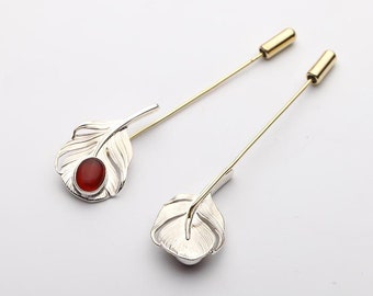 Silver Feather Lapel Pin with Gemstone, Handmade Leaf Brooch, Elegant Pin for Men and Women, Red Onyx Pin, Silver Feather Brooch, Suit Pin