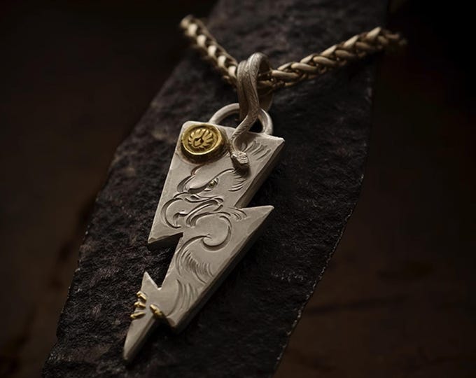 Thunderbolt Pendant with Eagle Engraving, Handmade Thunderbolt Necklace Mens, Snake Bail, 18k Gold Accents Eagle Claws & Eagle Logo Stamp