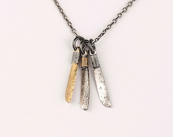 Handcrafted Sterling Silver Knife Pendant Necklace | Artisan Charm with Gold Detail | Two Tone Charm | 18K Solid Gold Pendant Knife Jewelry