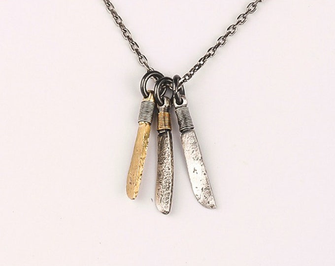 Handcrafted Sterling Silver Knife Pendant Necklace | Artisan Charm with Gold Detail | Two Tone Charm | 18K Solid Gold Pendant Knife Jewelry