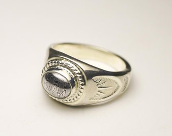 Gemstone Signet Ring for Men and Women – Tribal Silver Ring with Turquoise, Lapis Lazuli, Garnet, Damascus Steel – Birthstone Oval Rings