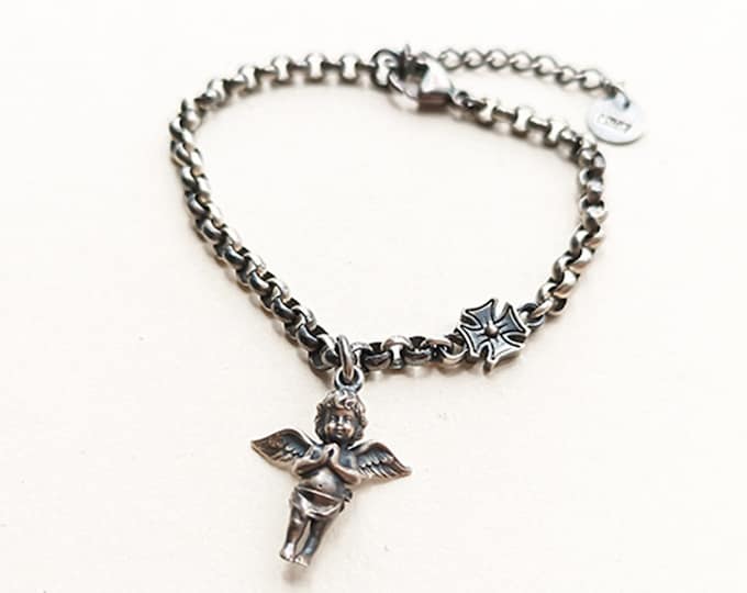 Baby Angel Charm Bracelet for Women | 925 Sterling Silver Cherub Bracelet | Handmade Vintage Style Gift for Her | Guardian Angel Jewelry