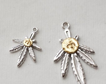 Sterling Silver Hemp Leaf Charm – 18k Gold Accent Boho Pendant, Handmade Nature Inspired Jewelry