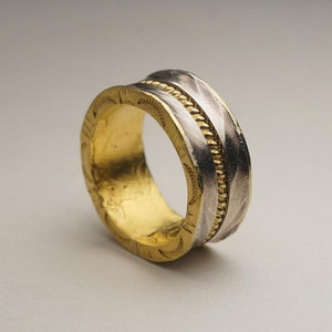 Handmade Skyline Ring in Sterling Silver and 24K Solid Gold Ring | Textured Band with Engraved Details for Men and Women | Men Hammered Ring