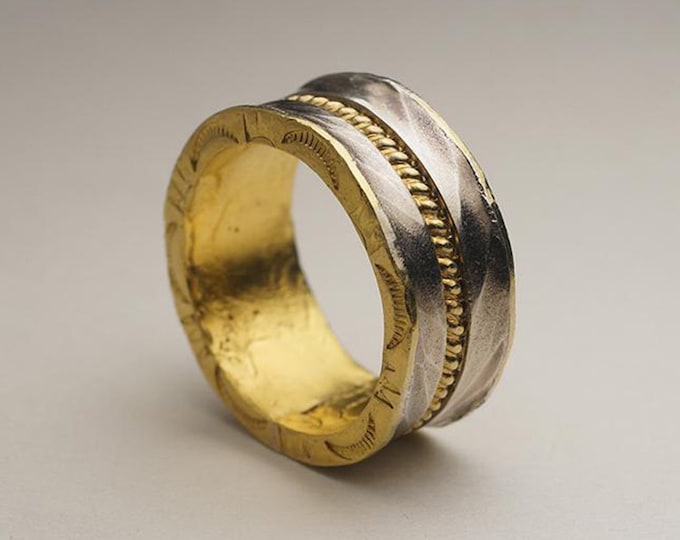 Handmade Skyline Ring in Sterling Silver and 24K Solid Gold Ring | Textured Band with Engraved Details for Men and Women | Men Hammered Ring